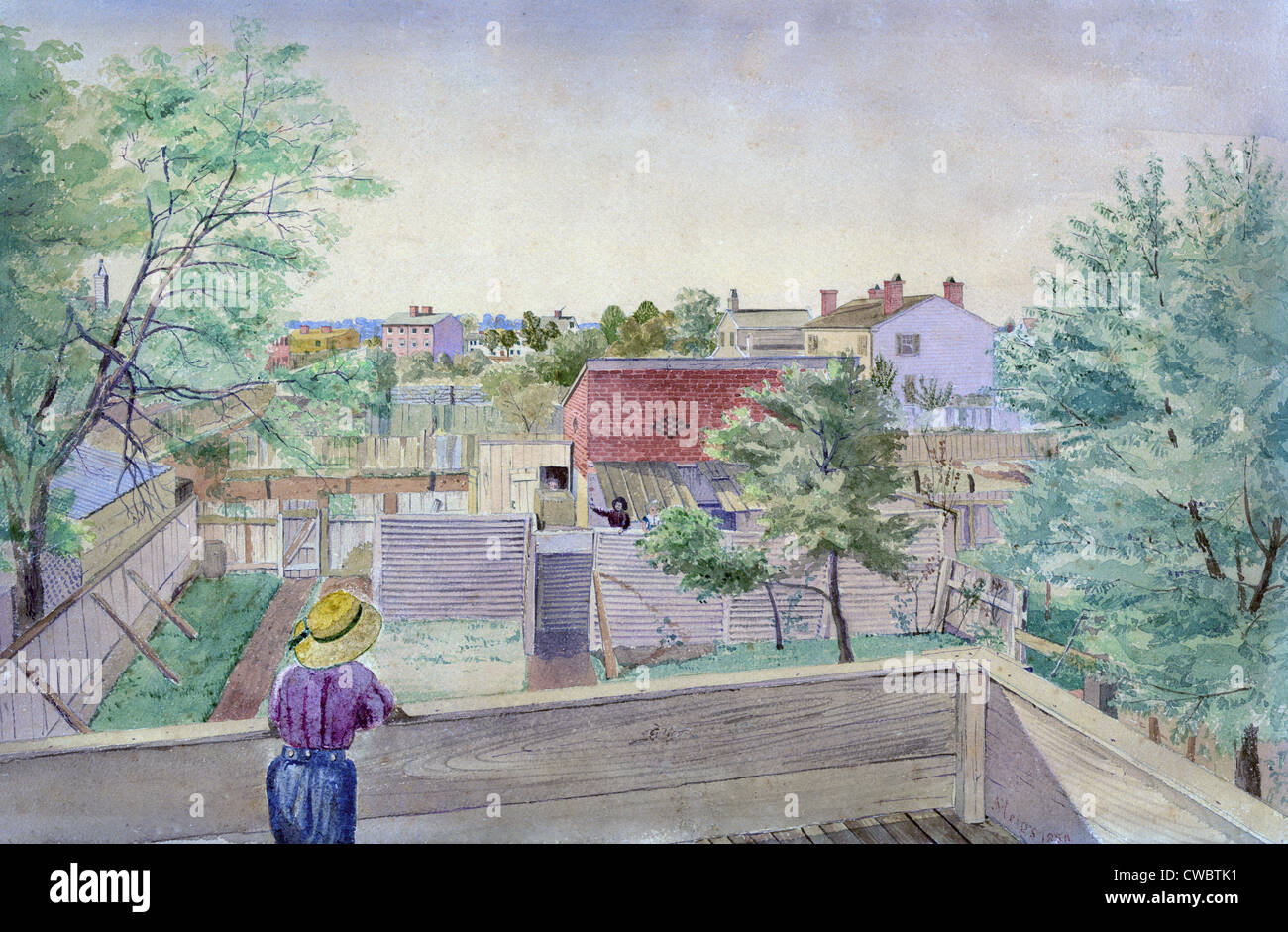 Washington, D.C., overlooking the backyard and adjacent neighborhood, and showing children standing on balconies. Watercolor by Stock Photo