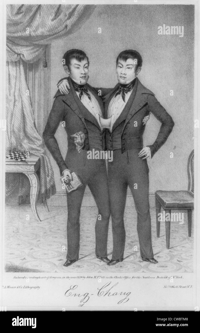 Chang and Eng, (1811-1874), conjoined twins were taken from their native Thailand (then called Siam) by British merchant Robert Stock Photo