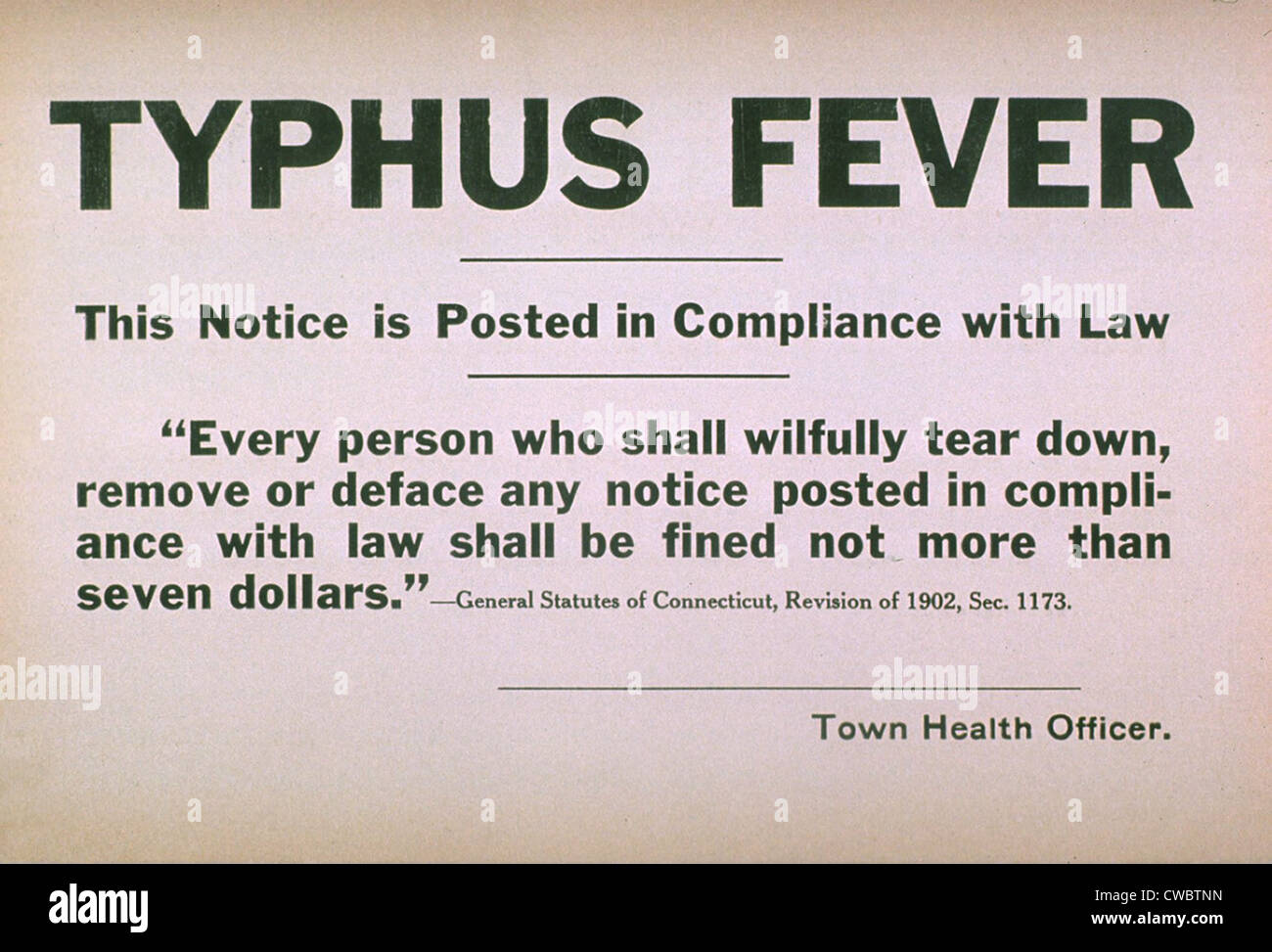 Early 20th century quarantine sign for the contagious disease typhus fever. Stock Photo