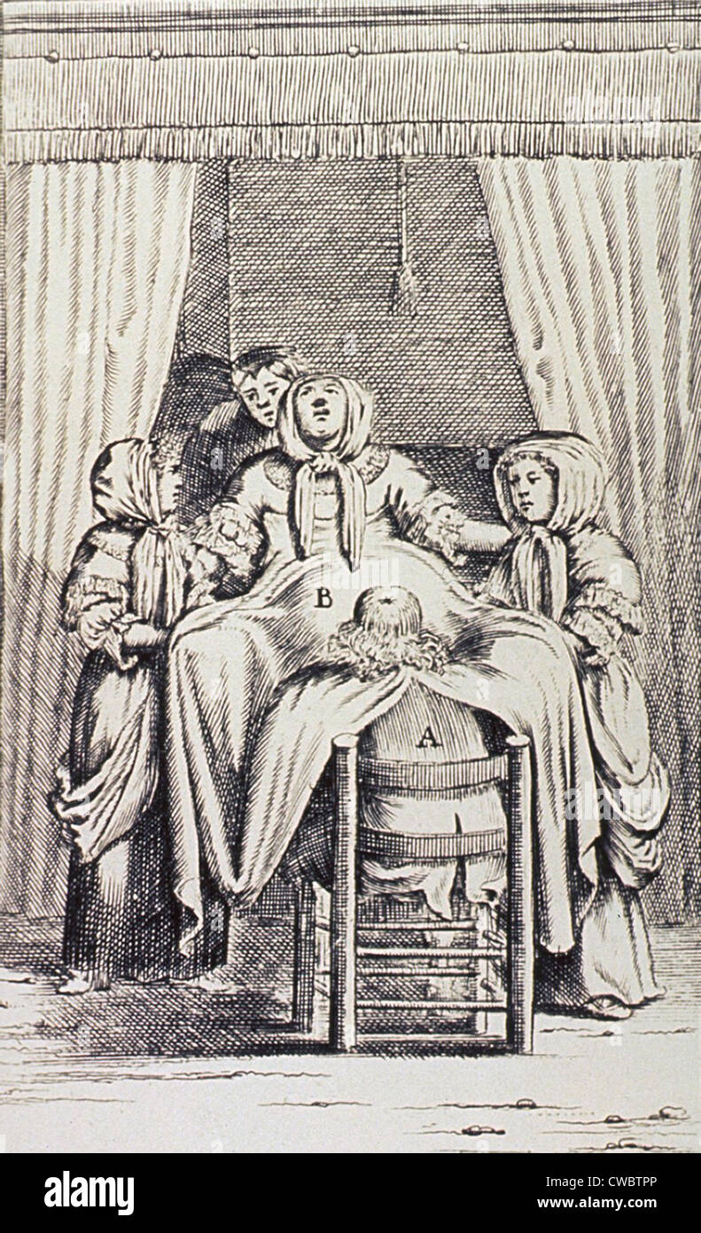 Woman in Labor.  1707 Dutch print of a woman assisted in childbirth by a male midwife, two young women, and another person, Stock Photo
