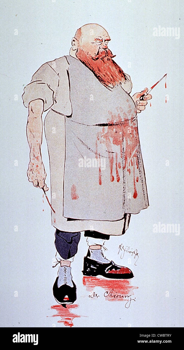 Caricature of a surgeon holding instruments and  wearing blood splattered apron and shoes. In the second half of the 19th Stock Photo