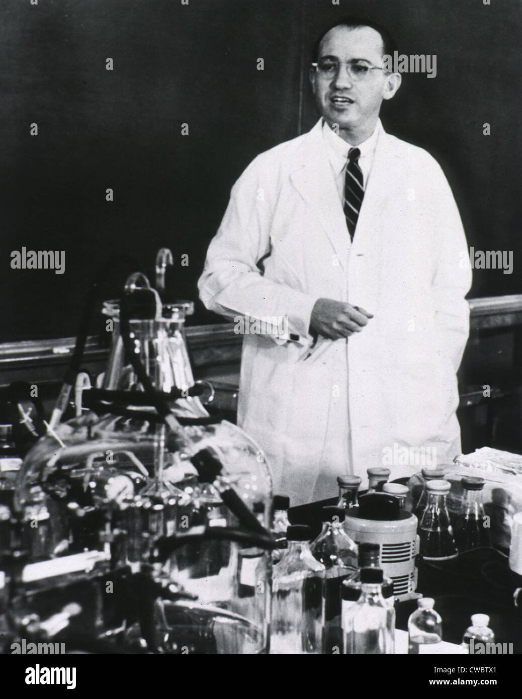 Jonas E. Salk (1914-1995), American developer of the first polio vaccine, standing behind table, lecturing. Ca. 1955. Stock Photo
