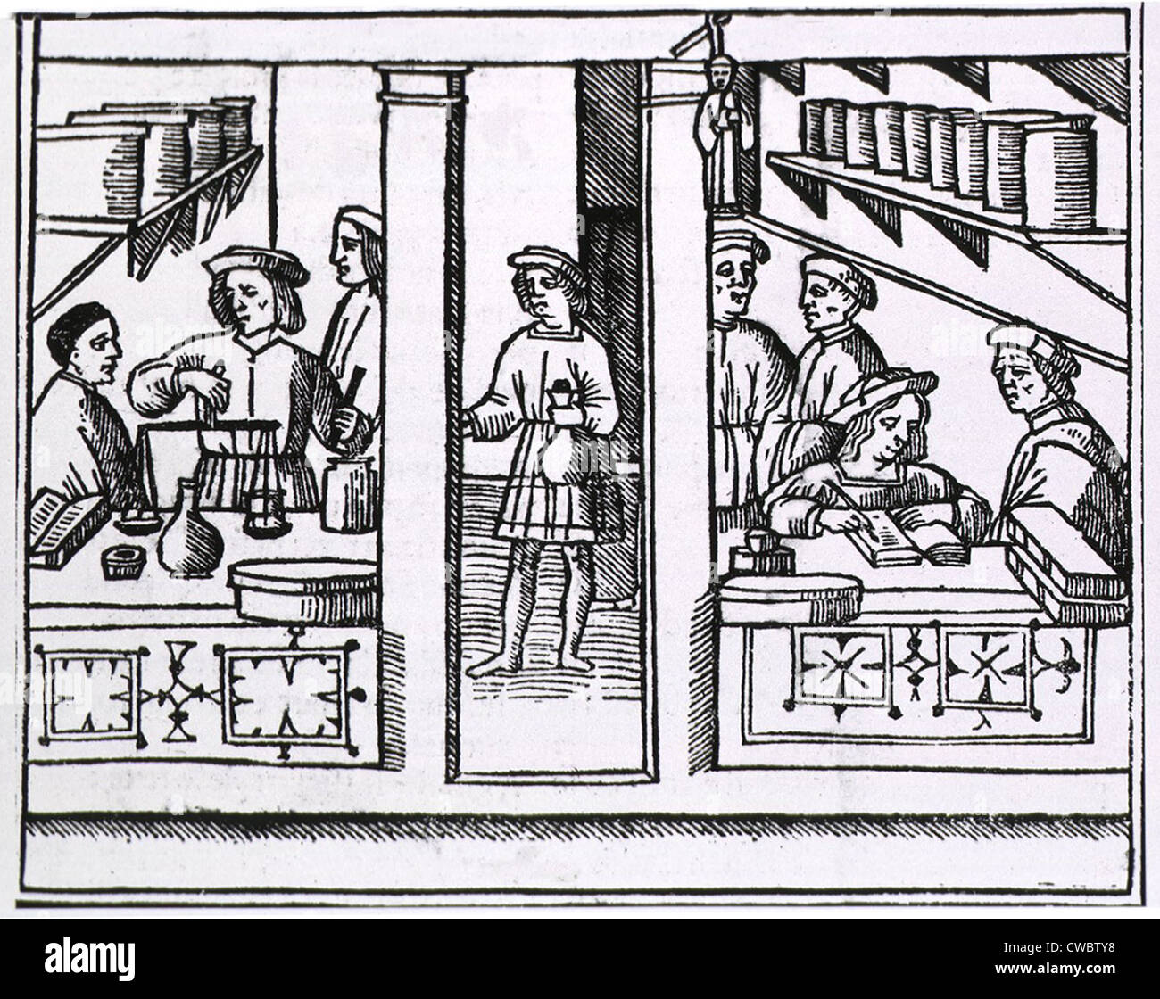 Pharmacy scene from the title page of a Latin version of Galen's RECETARIO DE GALIENO, published in Venice in 1518. Stock Photo