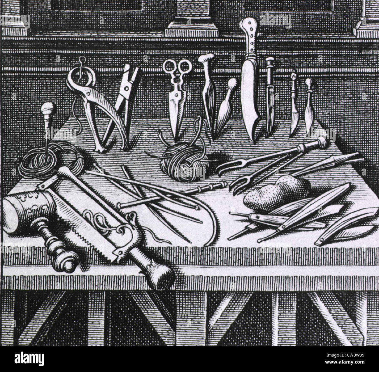 16th century surgical equipment and instruments arranged on a table. From Ambroise Pare's, DIX