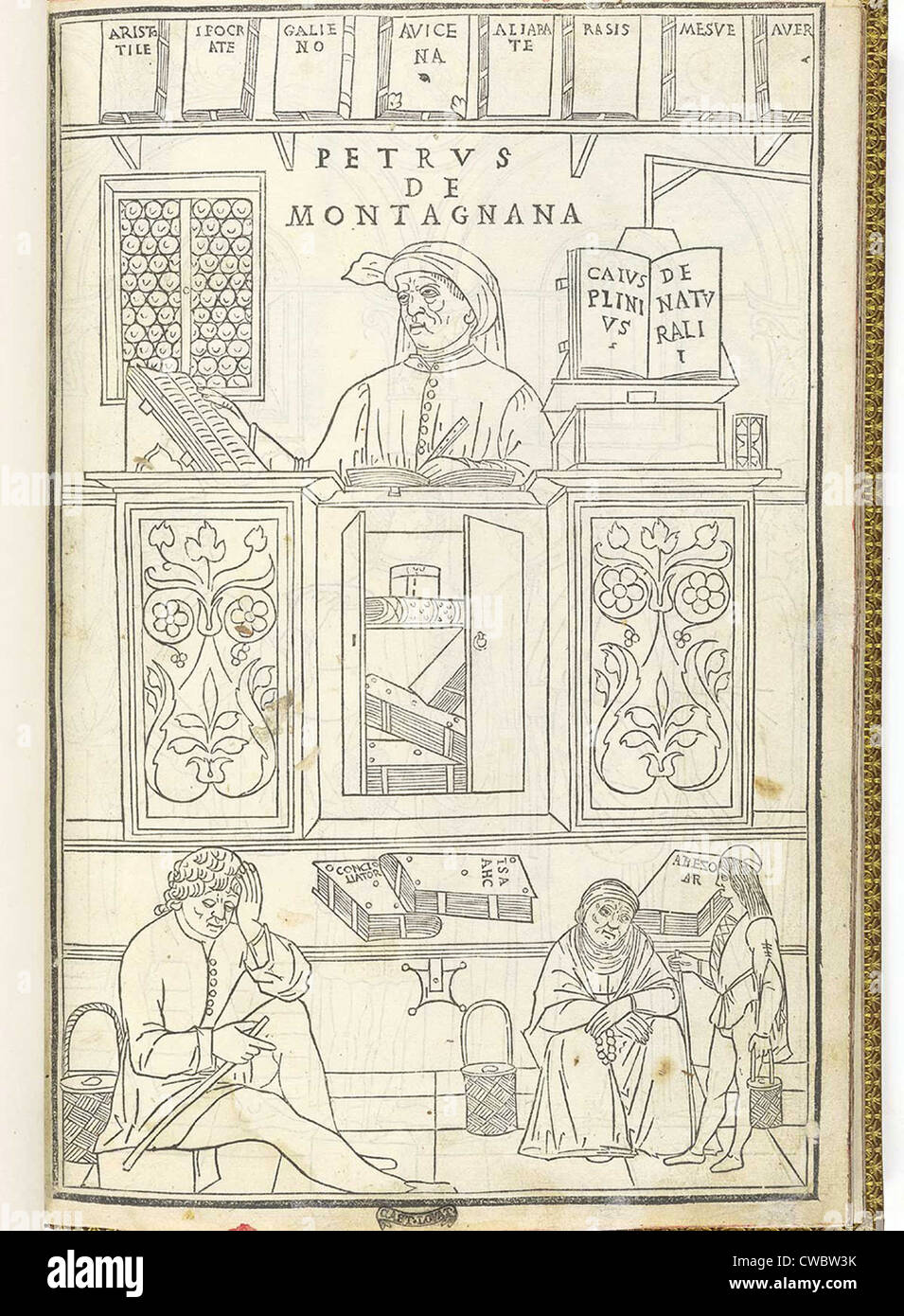 Illustration showing the breadth of medical knowledge in 15th century Italy. A medical scholar (labeled as Petrus de Stock Photo