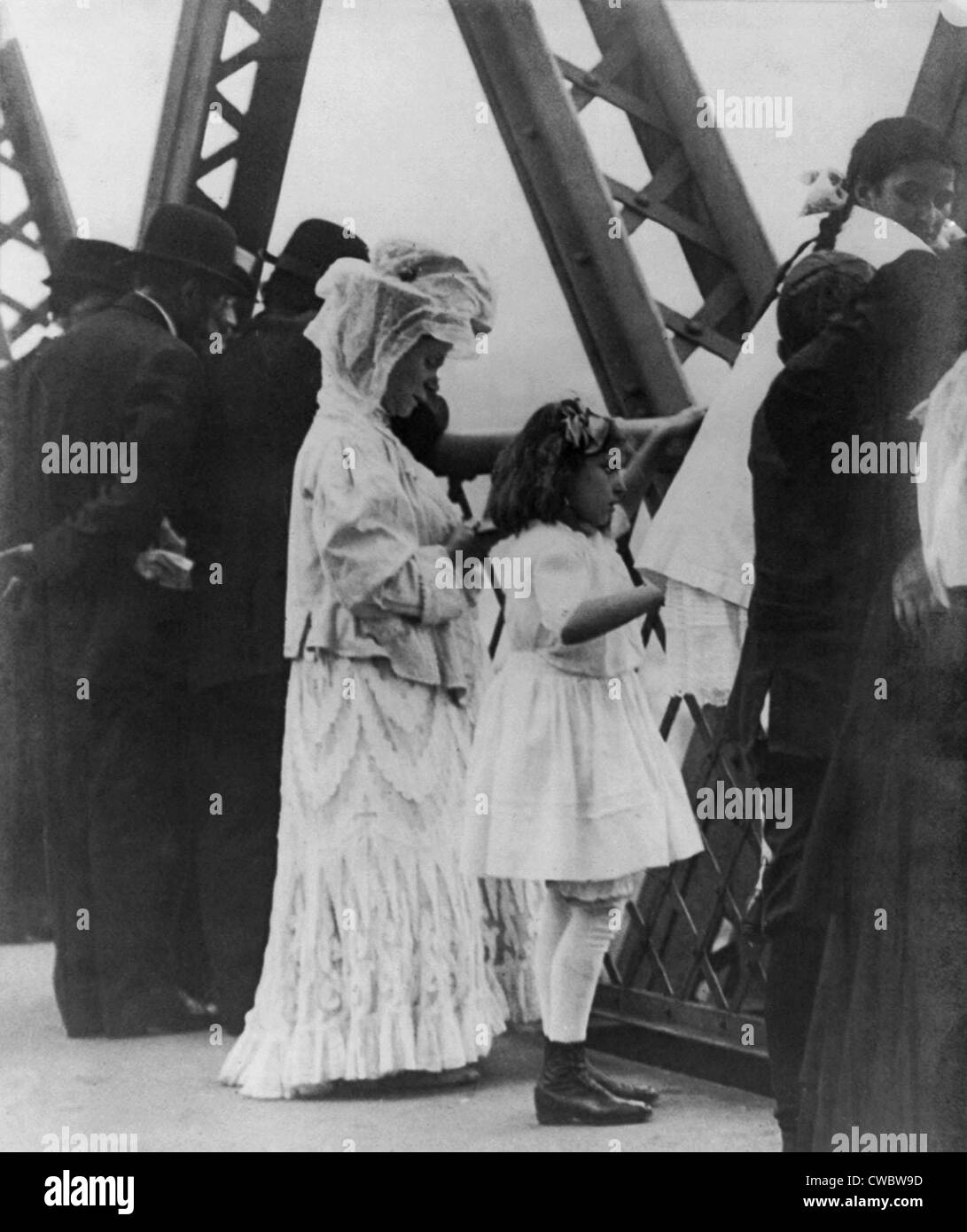 Jews praying on the Williamsburg Bridge on Yom Kippur, the Jewish New Year. Ca. 1909. Stock Photo