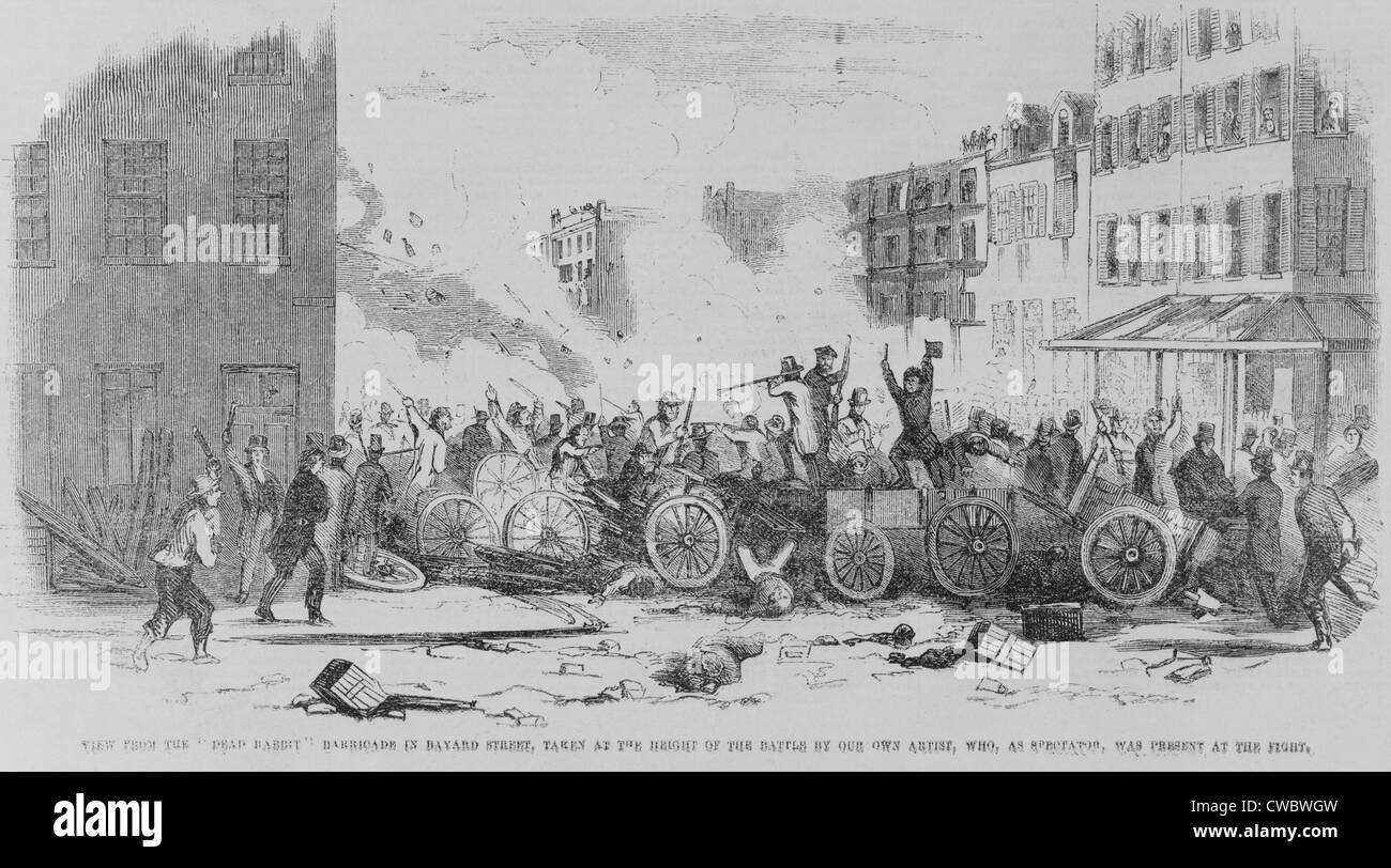 July 4, 1857 battle on Bayard Street of the Irish gang, the 'Dead Rabbits,' against the Bowery Boys, a nativist, anti-Catholic, Stock Photo