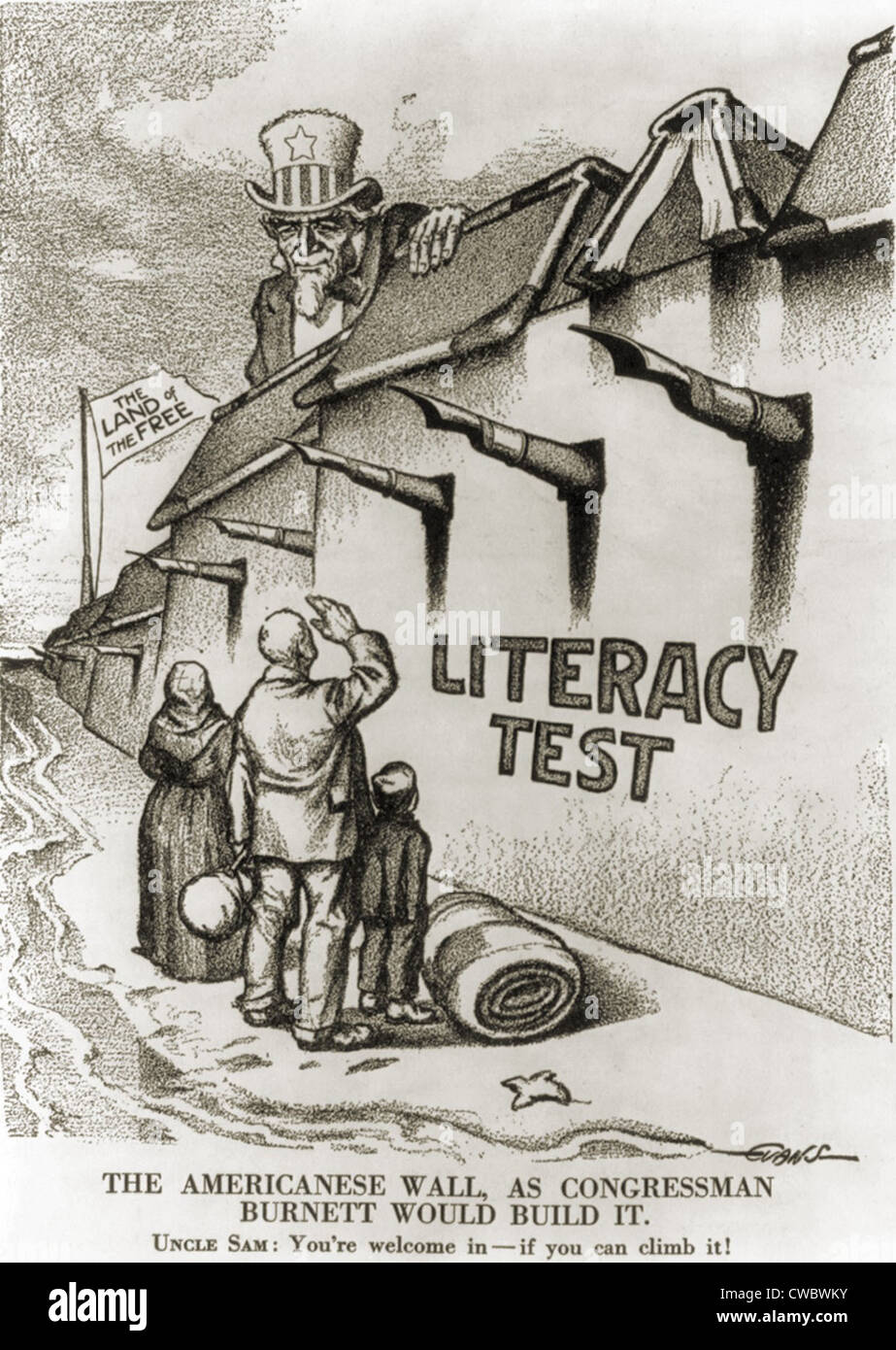 1916 political cartoon entitled THE AMERICANESE WALL - AS CONGRESSMAN BURNETT WOULD BUILD IT. In the 1910's, anti-immigrant Stock Photo