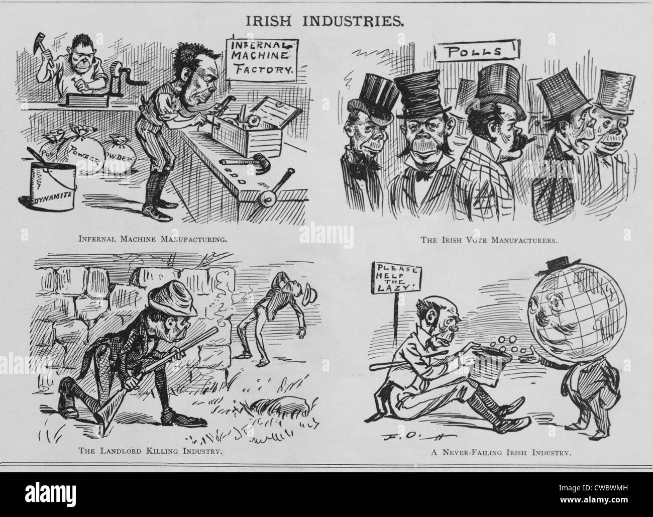 An Anti-Irish cartoon entitled IRISH INDUSTRIES, appeared in the American humor magazine PUCK in November 1881. Drawn by master Stock Photo