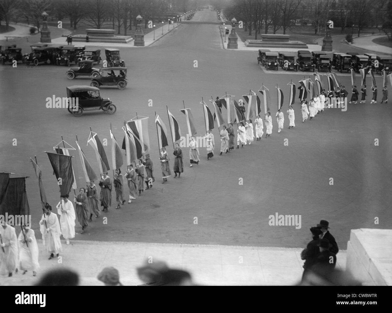 Woman Suffrage demonstration with banners at the U.S. Capitol in 1917. View of the procession from the Capitol steps. Stock Photo