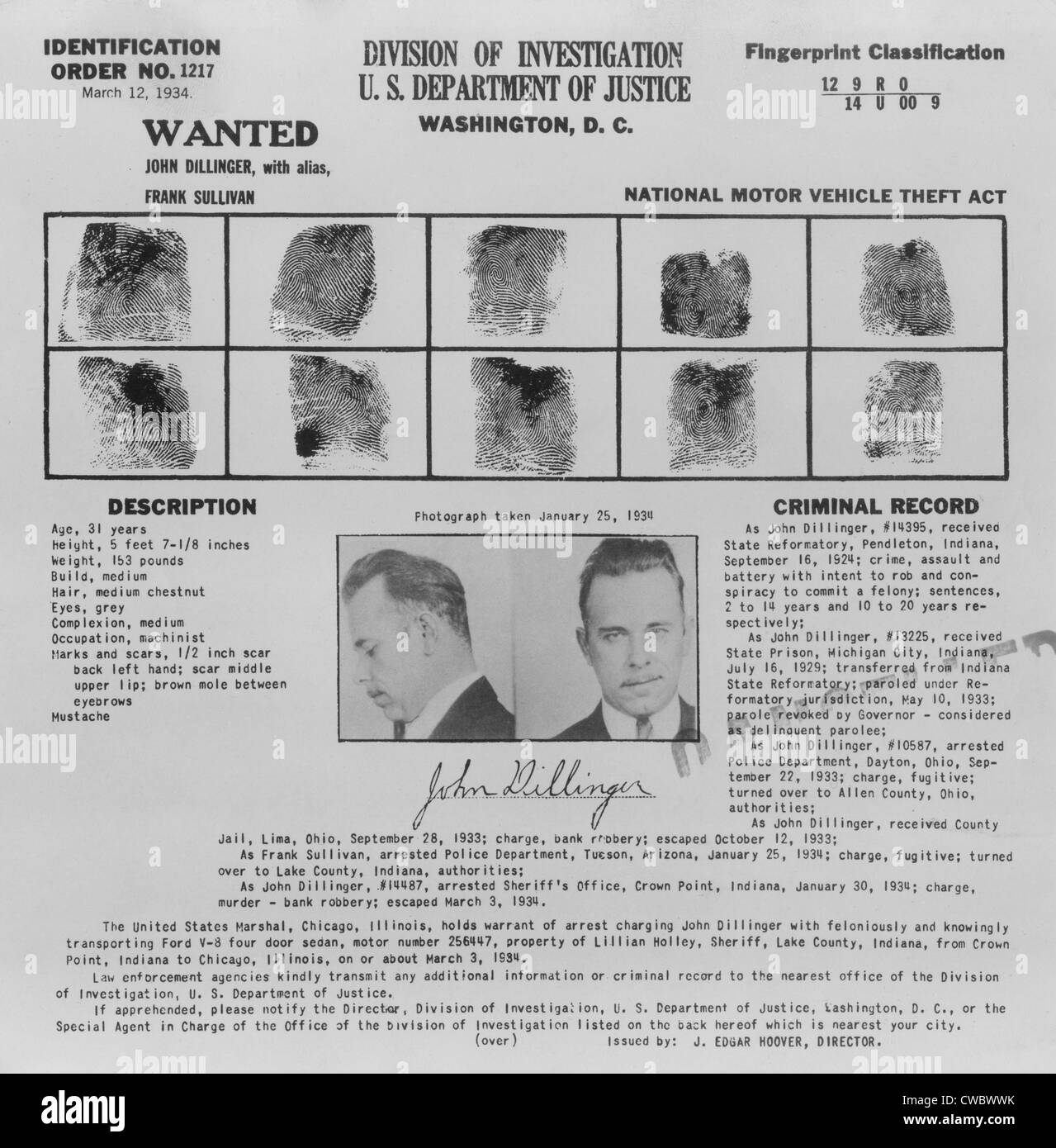 Wanted Poster for John Dillinger, displaying his fingerprints, signature, and portrait. 1934. Stock Photo