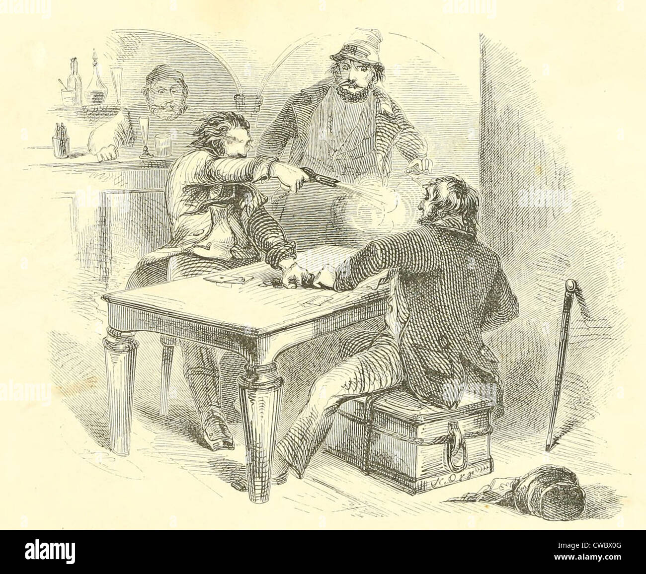 Violence at the saloon card table in the Wild West. Illustration from LIFE ON THE PLAINS. ADVENTURES OF AN OVERLAND JOURNEY TO Stock Photo
