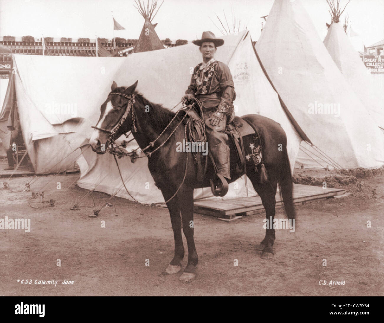 Calamity Jane (1852-1903), posing on horseback. She gained fame in the 1870s and later toured in Wild West shows. Ca. 1885. Stock Photo