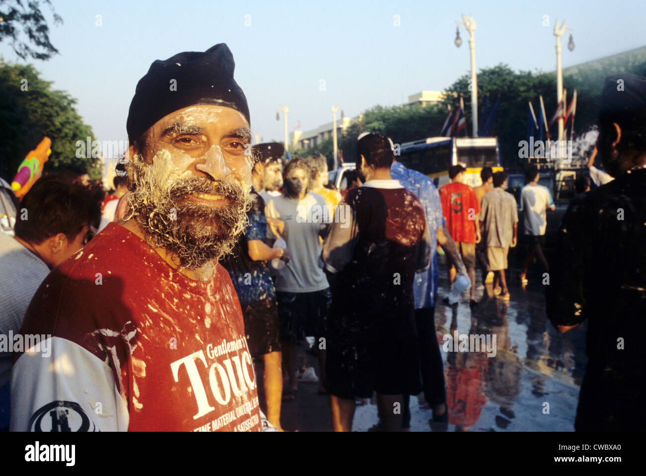 Bangkok, Songkhran Festival, Sikh baby powder on your face. Stock Photo