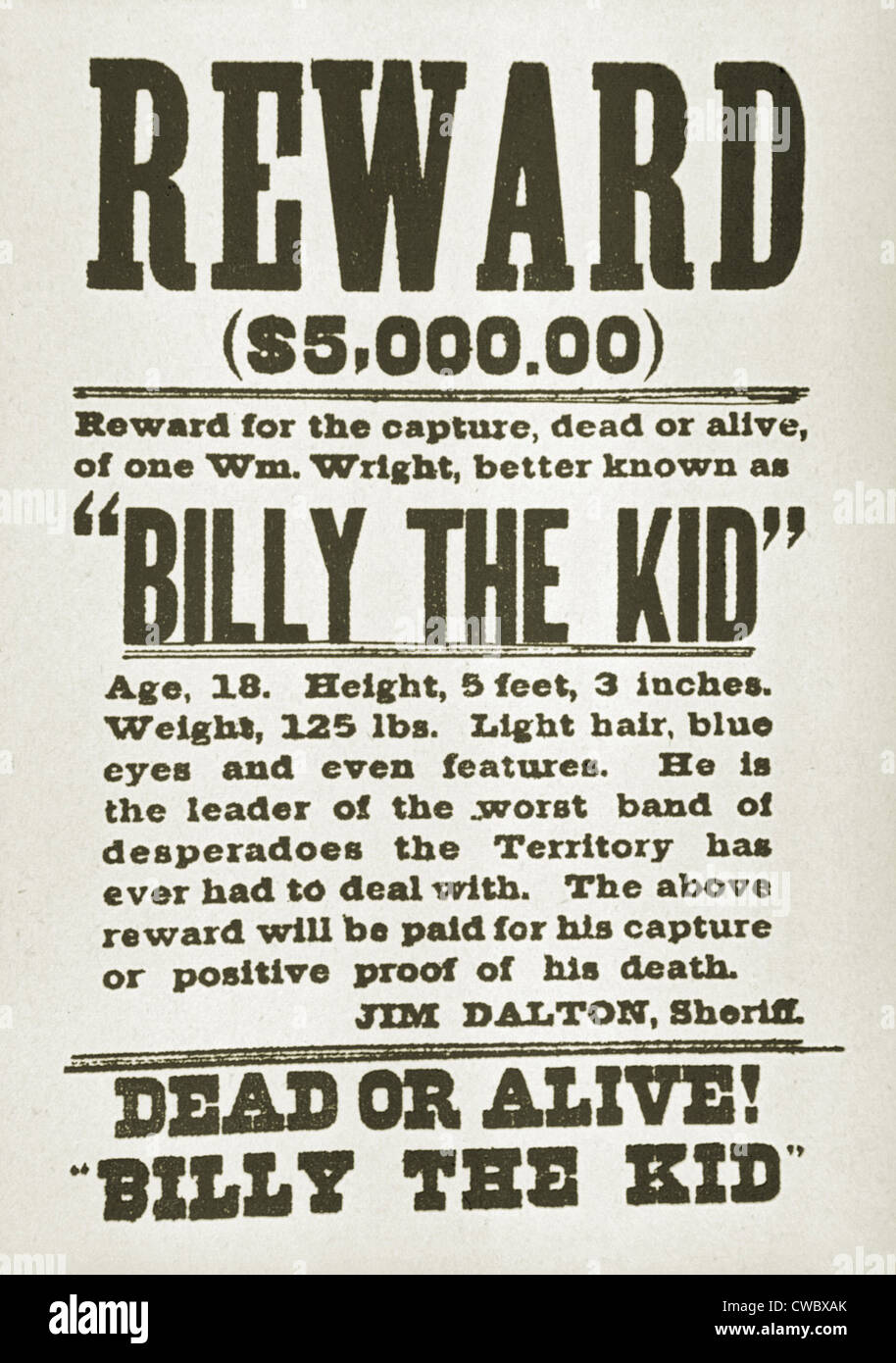Wanted poster for Billy the Kid (1859-1881) offering $5000 dollars reward, probably issued in New Mexico territory, after he Stock Photo