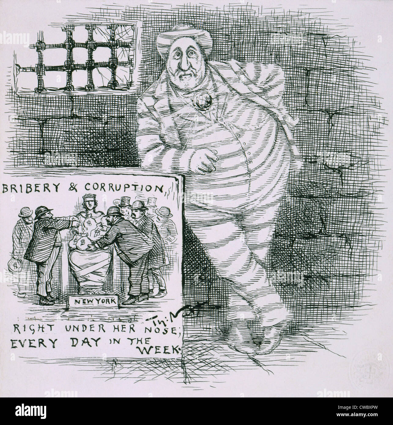 Thomas Nast reprised his favorite subject, Boss Tweed, eight years after his death in prison. As a diamond studded convict, Stock Photo