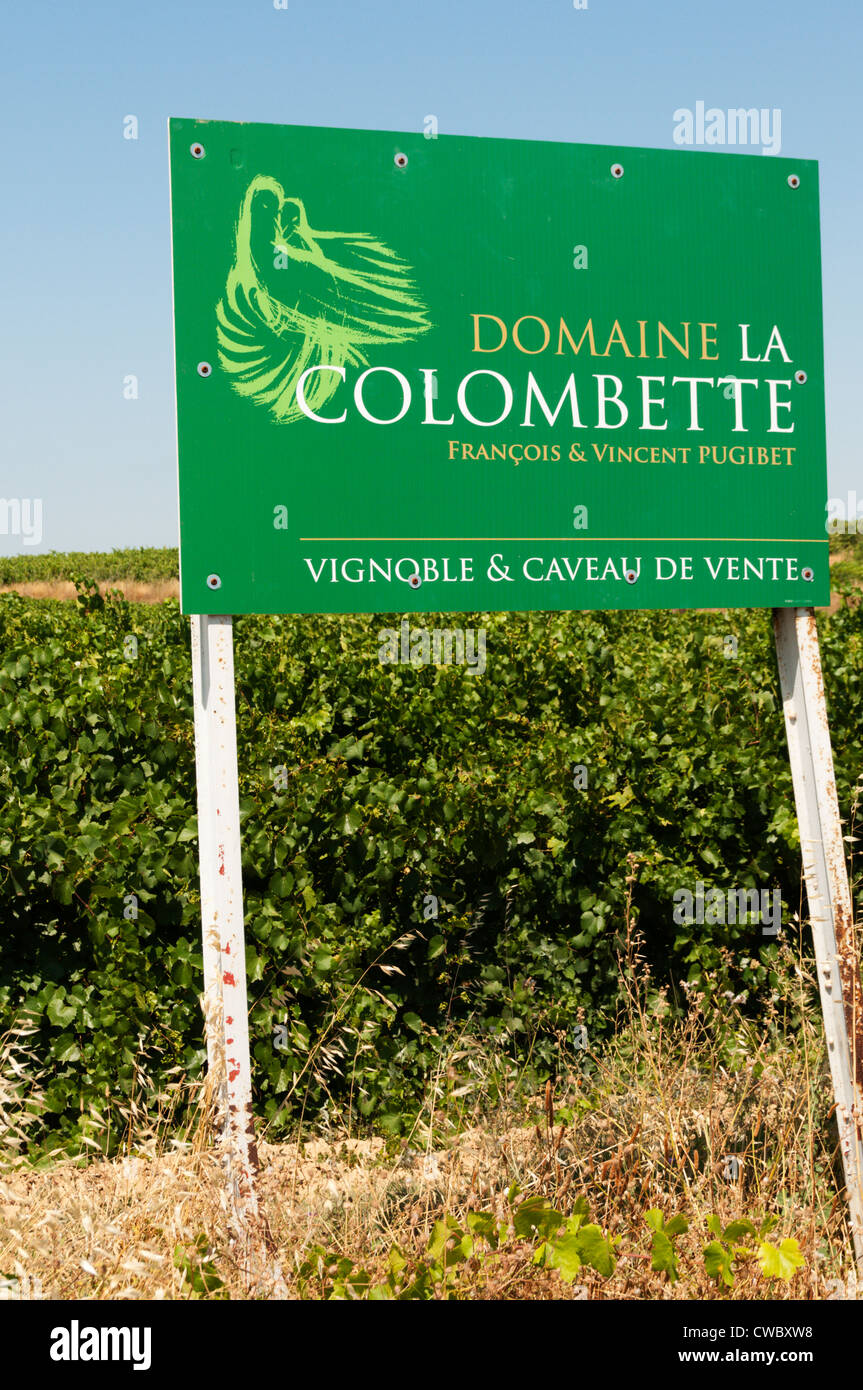 Sign for Domaine La Colombette wine producers in Languedoc, Southern France. Stock Photo