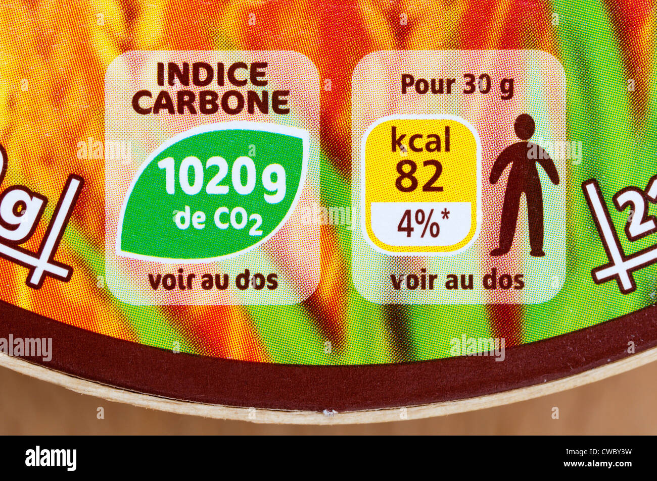 Indice Carbone or Carbon Index on the packaging of food from a French supermarket. Stock Photo