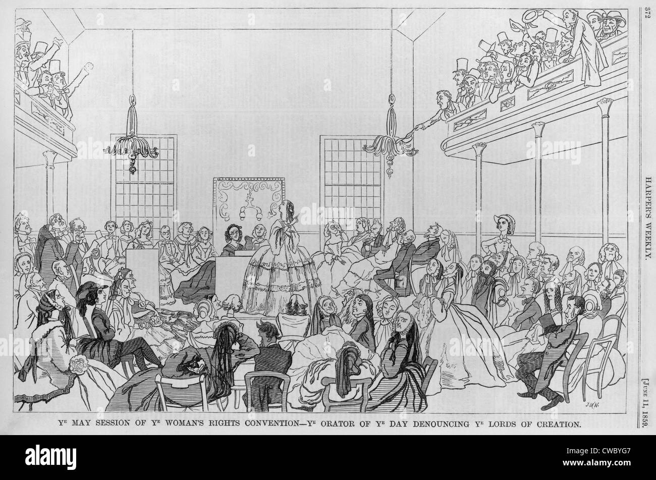 1859 print satirizing the 9th Women Rights Convention in New York City with the 'Ye May session of ye woman's rights convention Stock Photo