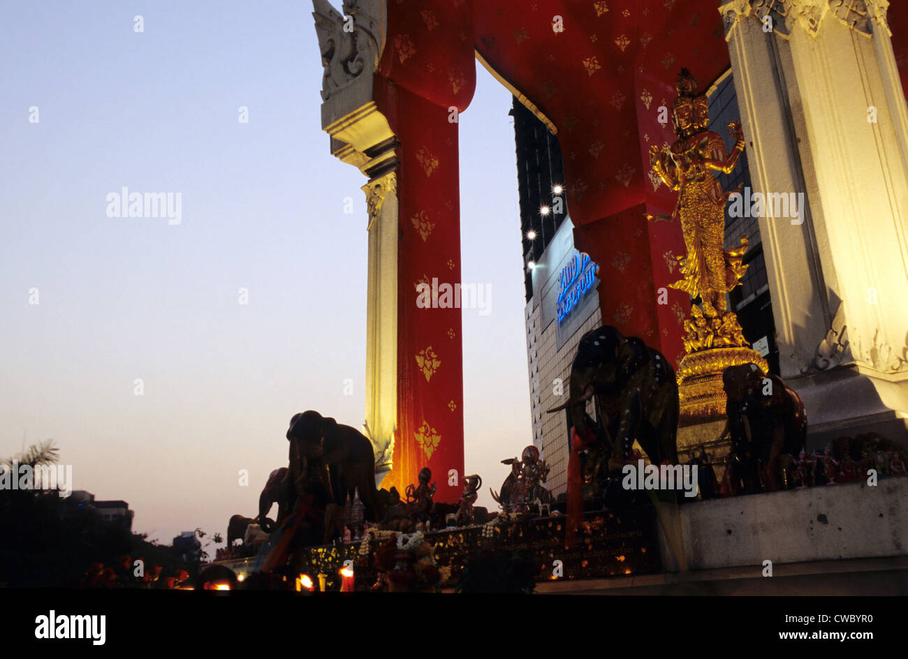 Bangkok, the Erawan Shrine in the dusk Stock Photo