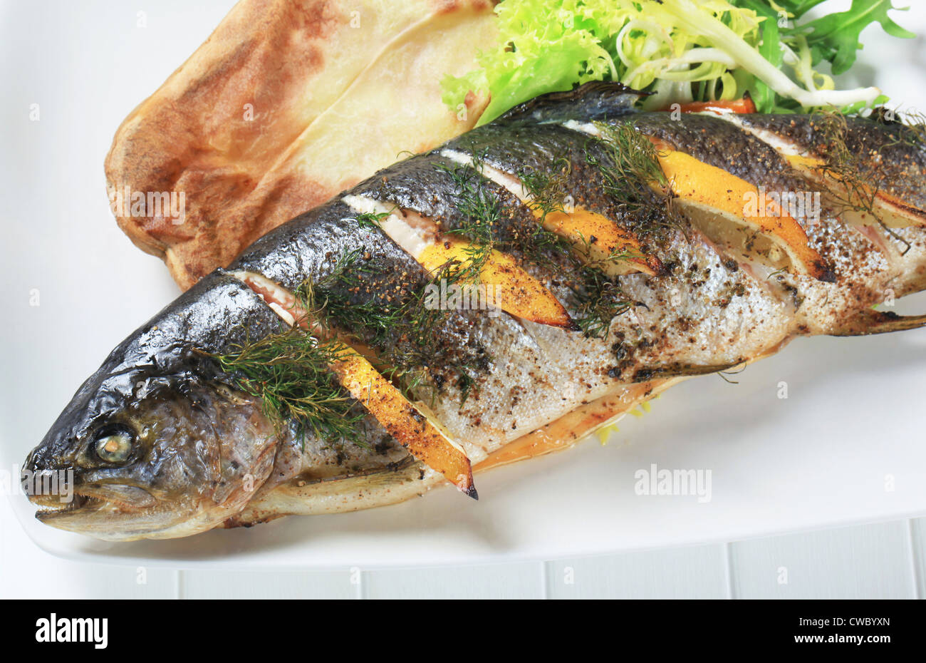Oven baked trout stuffed with lemon and dill Stock Photo Alamy