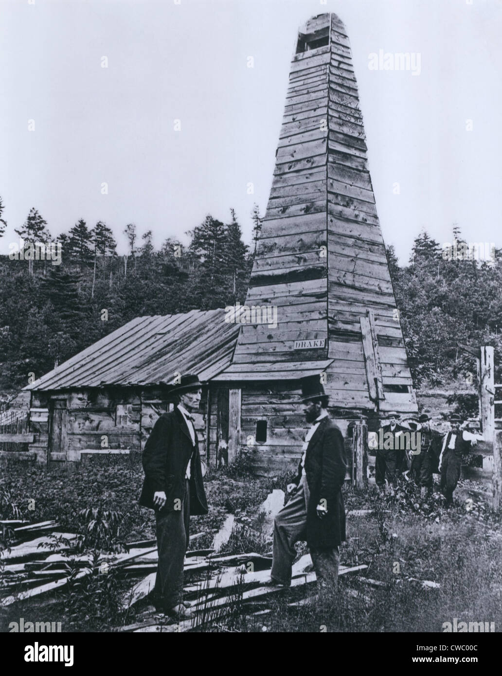The original 1859 Drake oil well in Titusville, Pennsylvania, the 1st ever drilled in the  U.S. Edwin Drake (in top hat) and Stock Photo