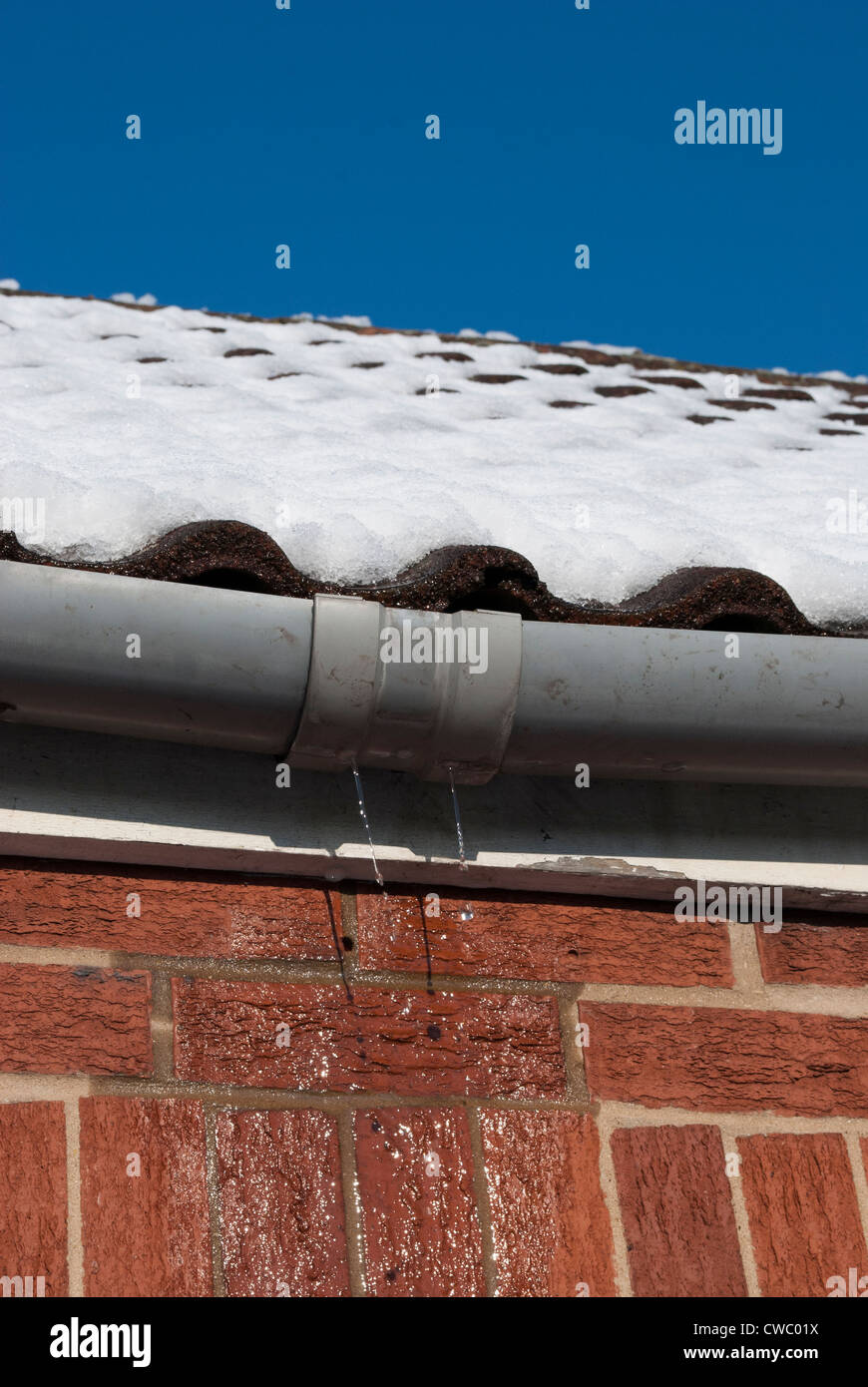 Water from melting snow on roof overflowing gutter and dripping down