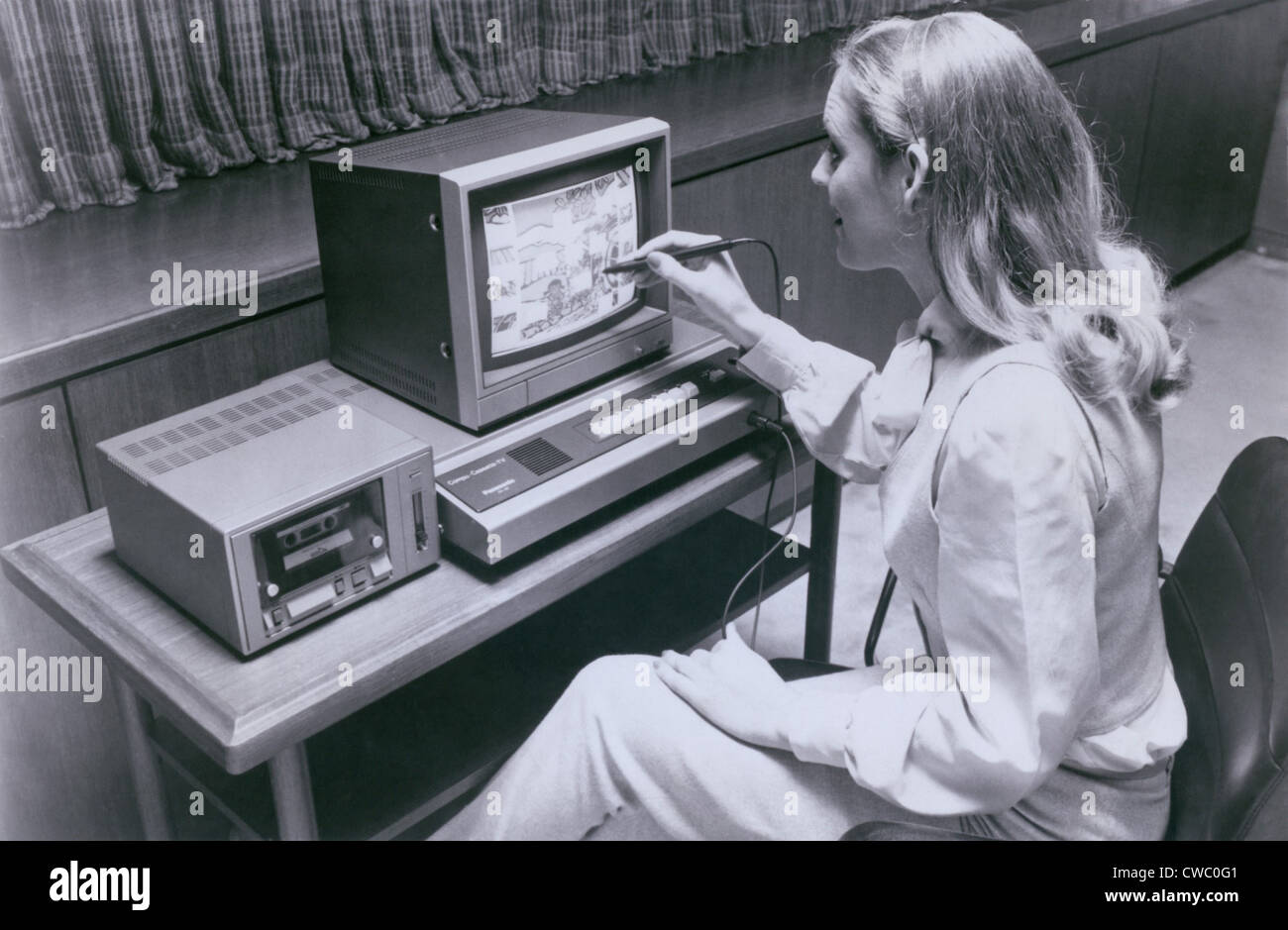 Matsushita Computer Cassette-TV and home computer system used a touch screen interface and a tape cassette drive. Ca. 1980. Stock Photo