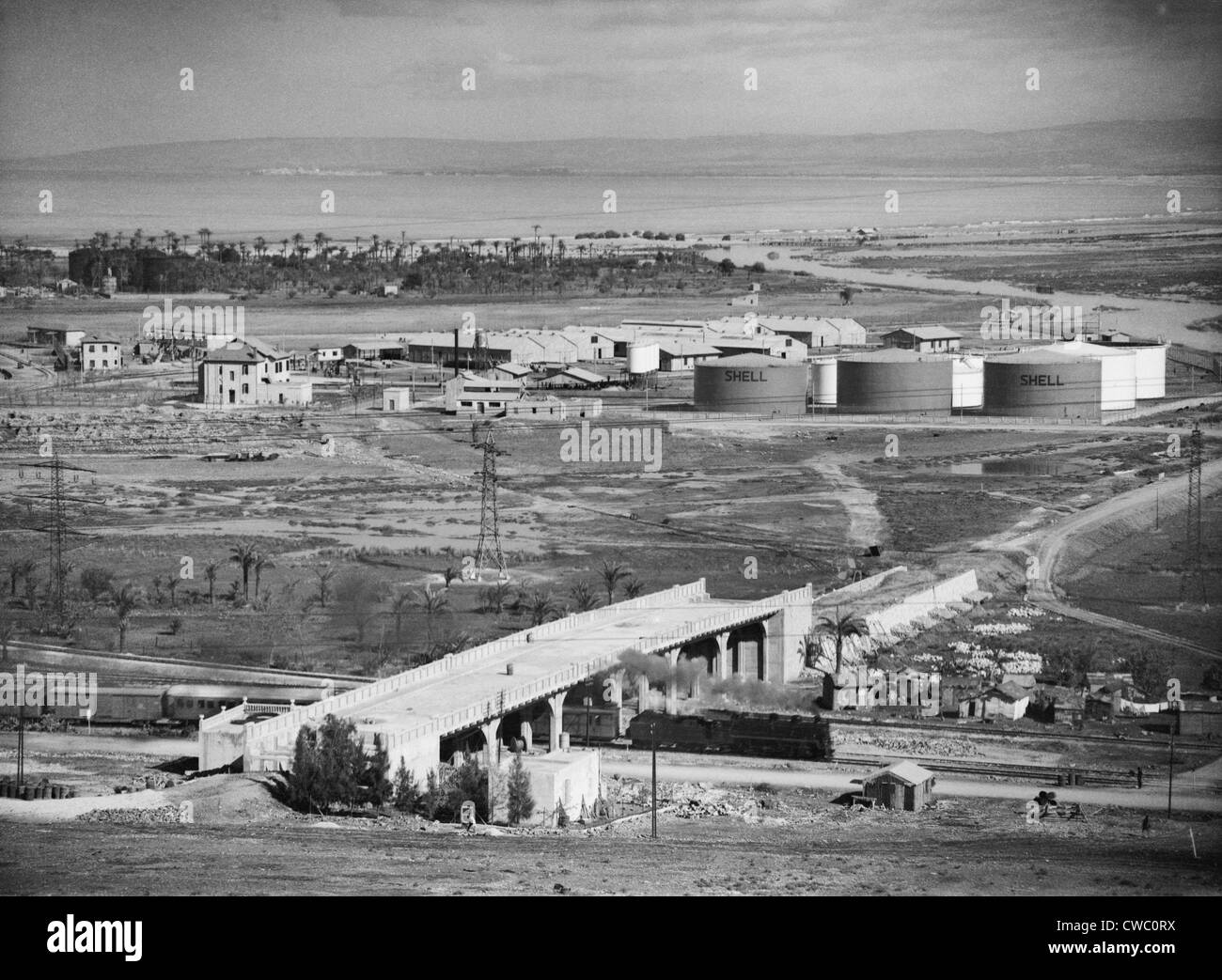 'Shell' oil tanks near Haifa, Palestine. Ca. 1934-39. Stock Photo