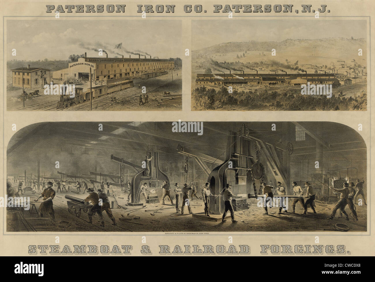 Paterson Iron Company in New Jersey were manufacturers of forgings for steamboats and railroads. Ca. 1866. Stock Photo