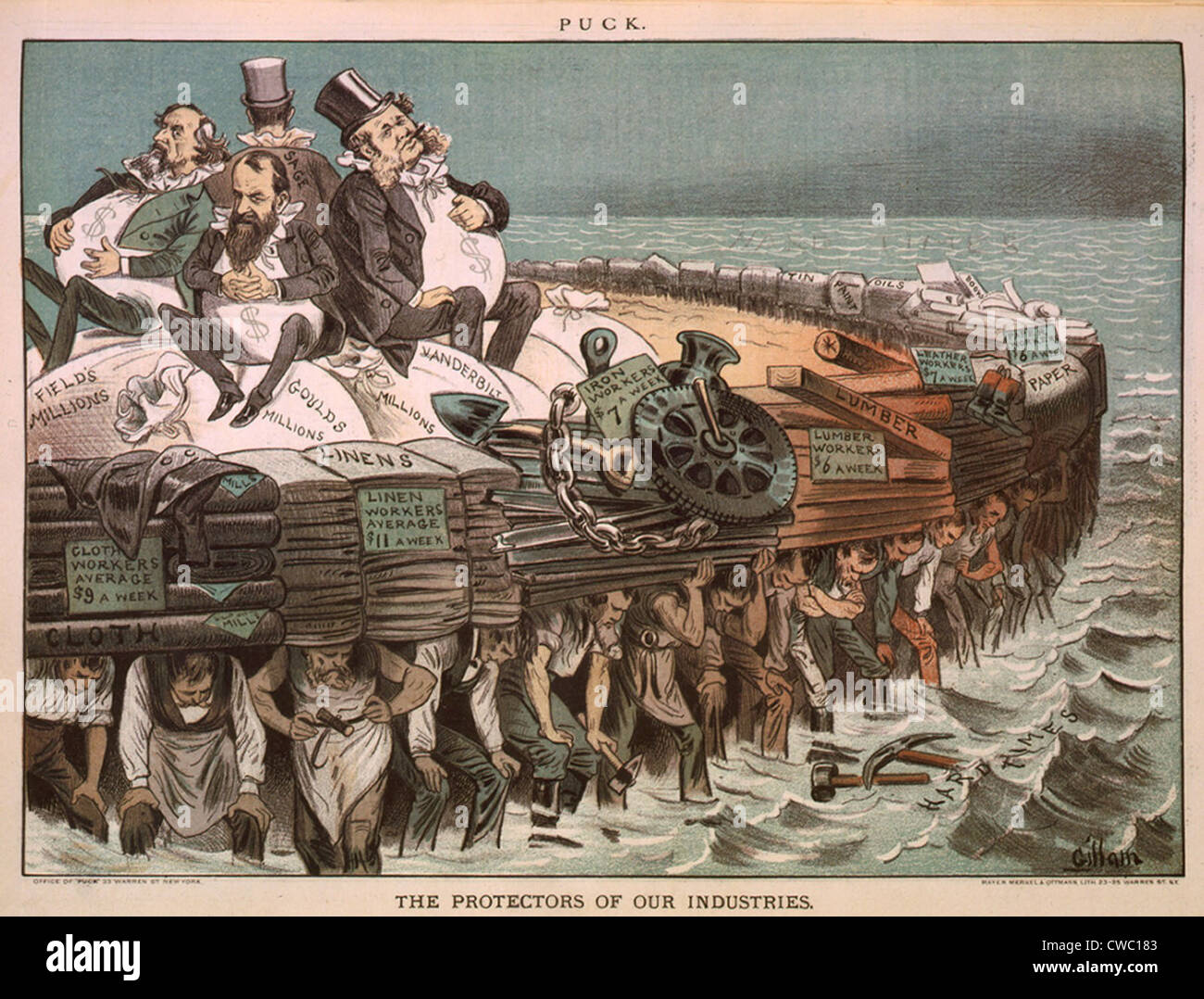 Political carton, THE PROTECTORS OF OUR INDUSTRIES, depicts tycoons Cyrus Field, Jay Gould, Cornelius Vanderbilt II, and Stock Photo