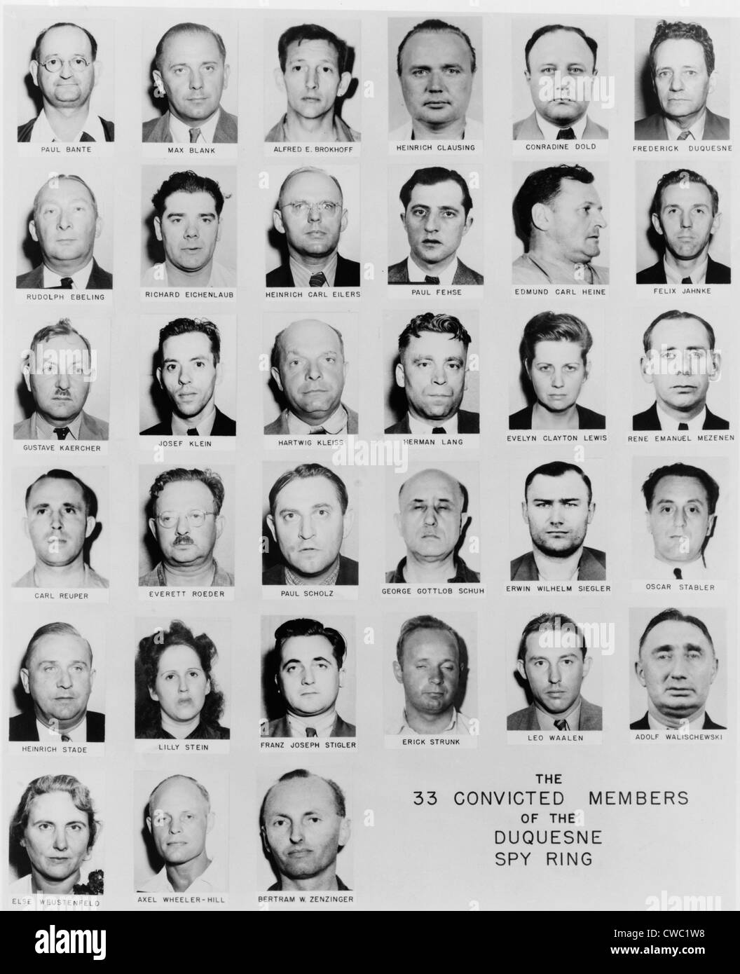 FBI Mug shots of thirty-three convicted spies of a pre-World War II German espionage network organized anti-British adventurer Stock Photo