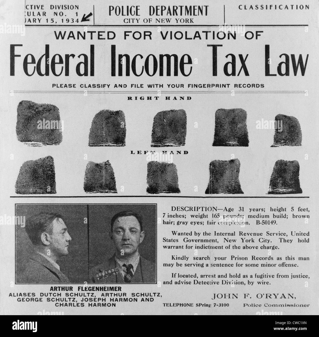 Dutch Schultz wanted poster issued by New York City Police Department