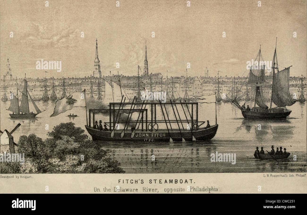 John Fitch's steamboat on the Delaware River at Philadelphia was the first operation steam powered ship. 1787. Stock Photo