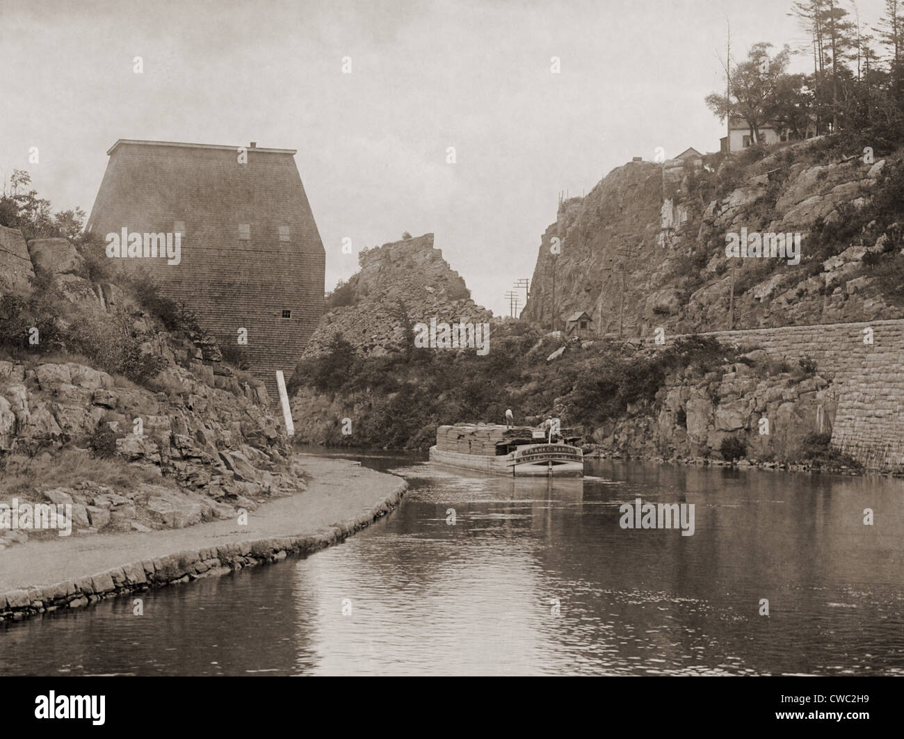 Canal barge FRANK C. MARION passing through the Erie Canal at Little Falls New York. Ca. 1890 photo by William Henry Jackson. Stock Photo