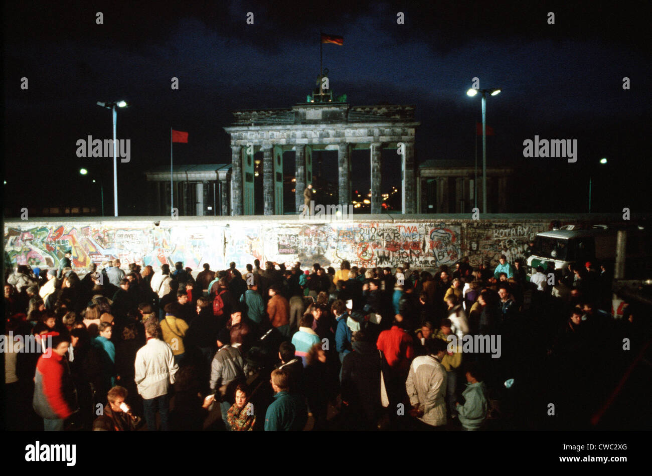 West Germans hold a vigil at the Brandenburg Gate as they anticipate demolition of this section of the Berlin Wall. Nov. 14 Stock Photo