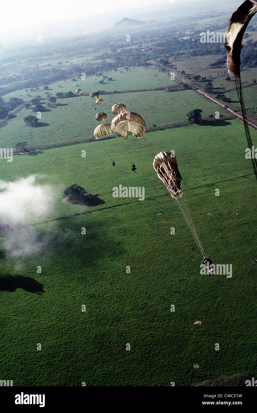 U.S. Soldiers of 1st Battalion 509th Infantry parachute from into a