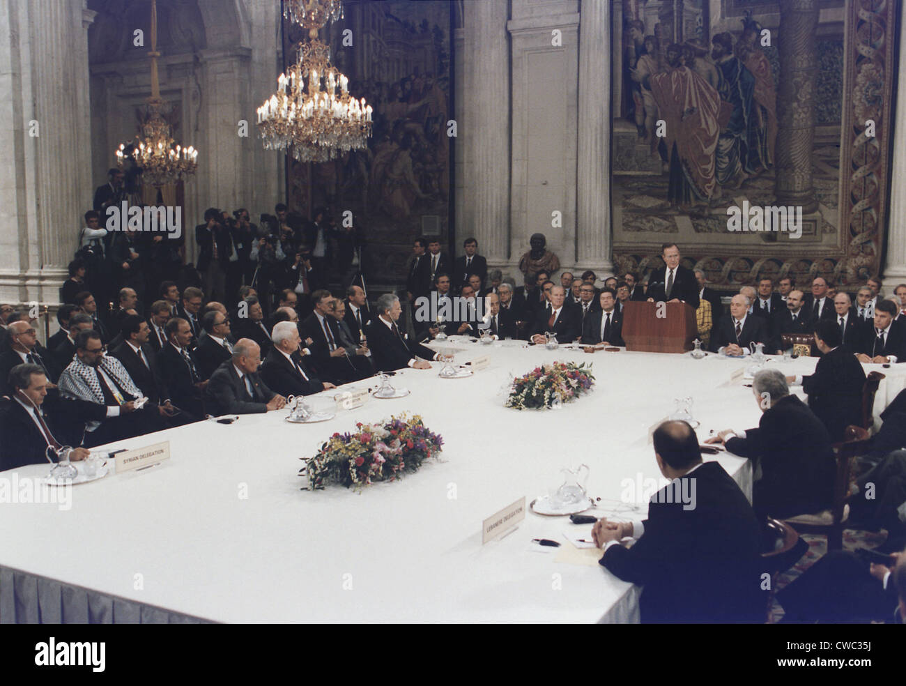 President George Bush addresses the Middle East Peace Conference at the Royal Palace in Madrid Spain. It is the first time in Stock Photo