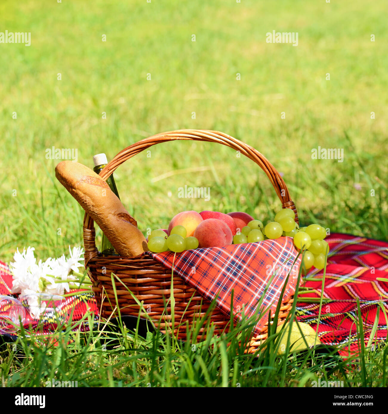 Picnic basket with red napkin fool of fruits, bread and wine Stock ...