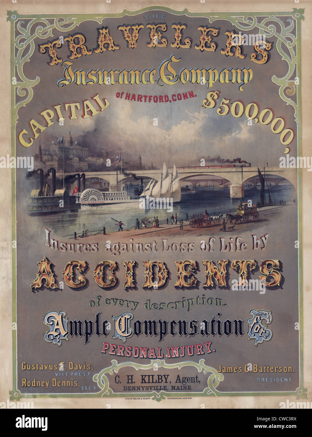 Travelers Insurance Company advertising poster. The company was founded in 1864 in Hartford Connecticut. Late 19th century. Stock Photo