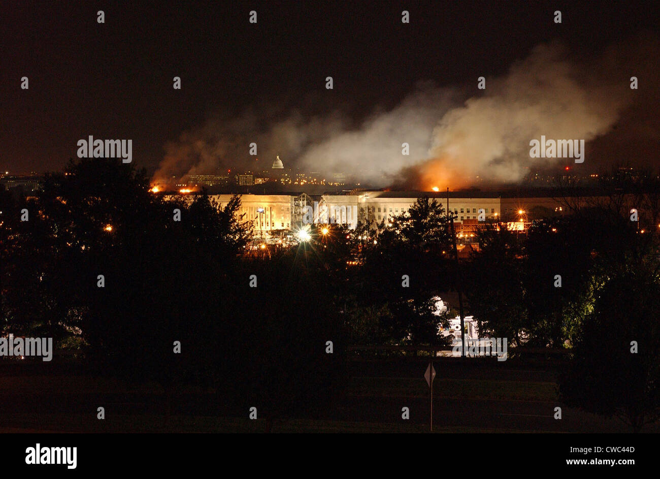 Night view of the Pentagon with the Capitol in the background on September 11 2001. Earlier in the day Al-Qaeda terrorists Stock Photo
