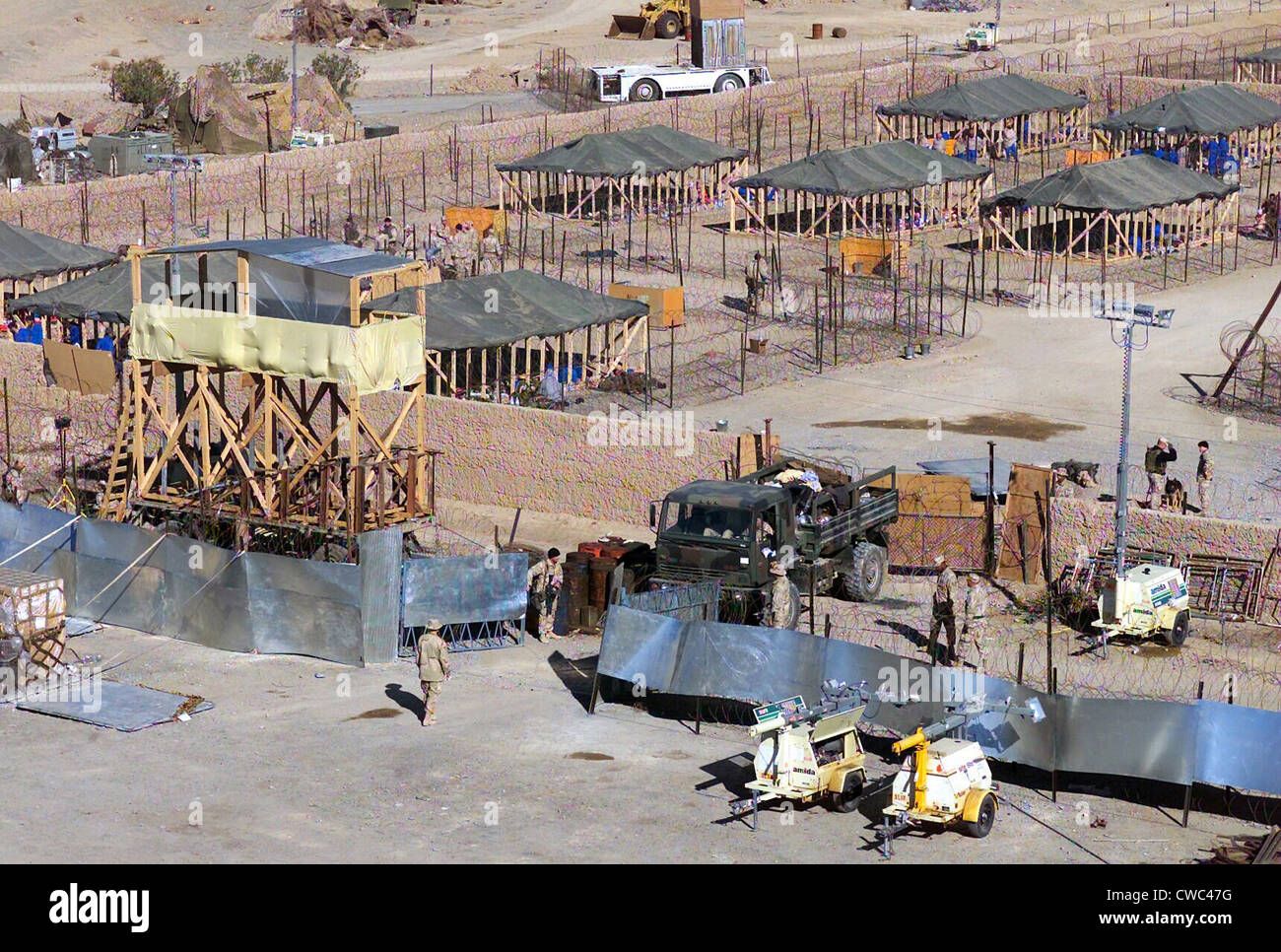 Detainment facility built by U.S. Marines as seen from the air traffic control tower of Kandahar International Airport Stock Photo