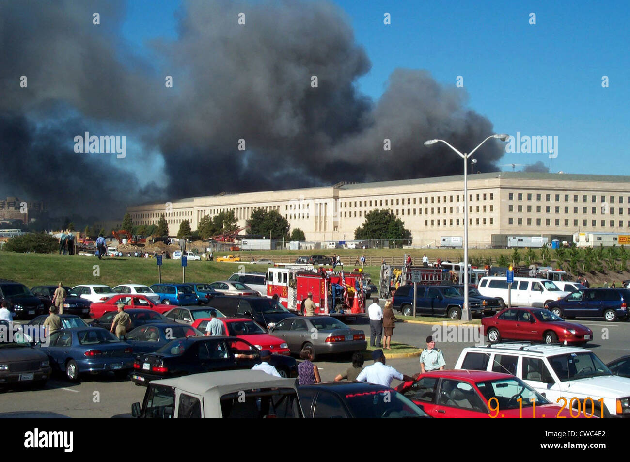 The parking lot on the Metro Concourse side of the Pentagon as smoke