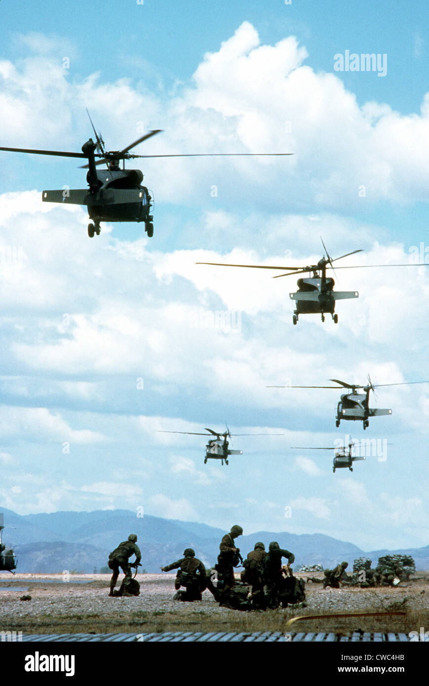 Army Rangers are inserted by Black Hawk helicopters into Honduras during exercises to discourage Nicaraguan forces from Stock Photo