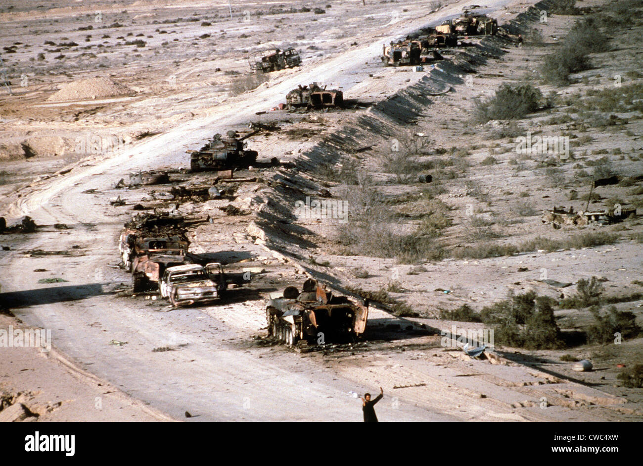 An Iraqi armored column destroyed in the Euphrates River Valley during Operation Desert Storm. Mar. 4 1991. (BSLOC 2011 12 9) Stock Photo