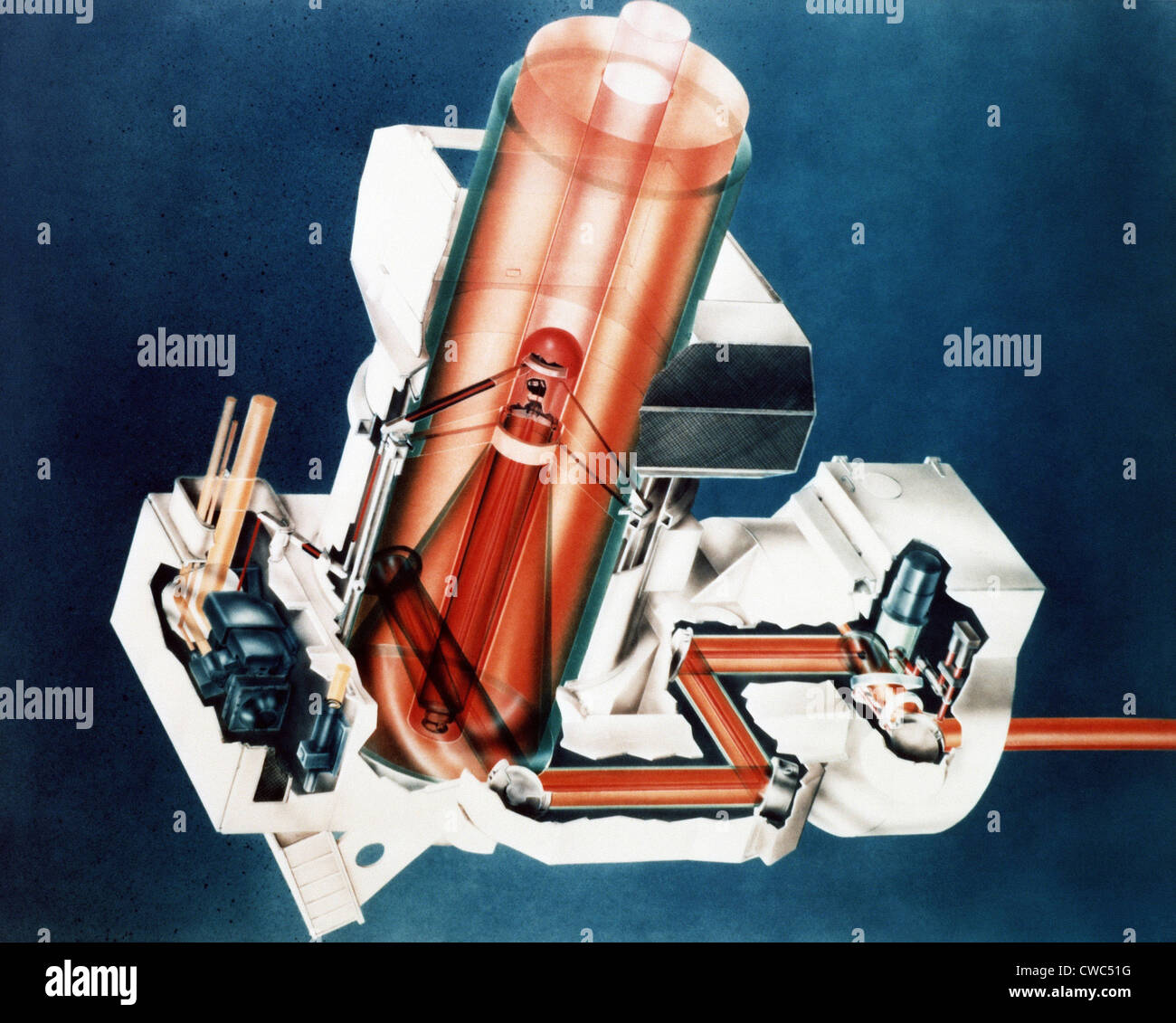 1985 military artist's concept of a laser beam director with the cutaway showing laser paths designed to track targets in Stock Photo