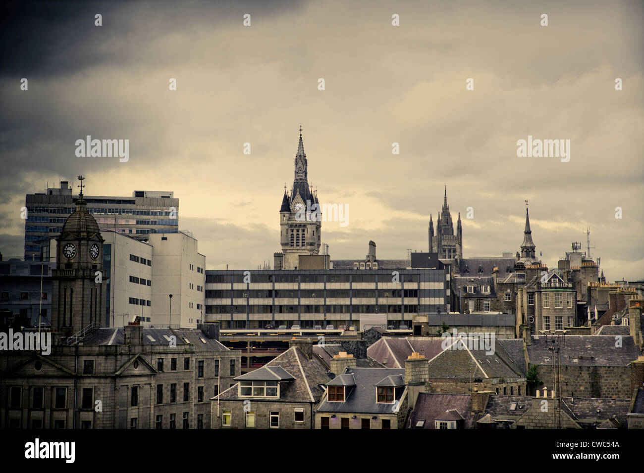 Cityscape of Aberdeen, taken from the ferry as it leaves the harbour on a summer evening Stock Photo