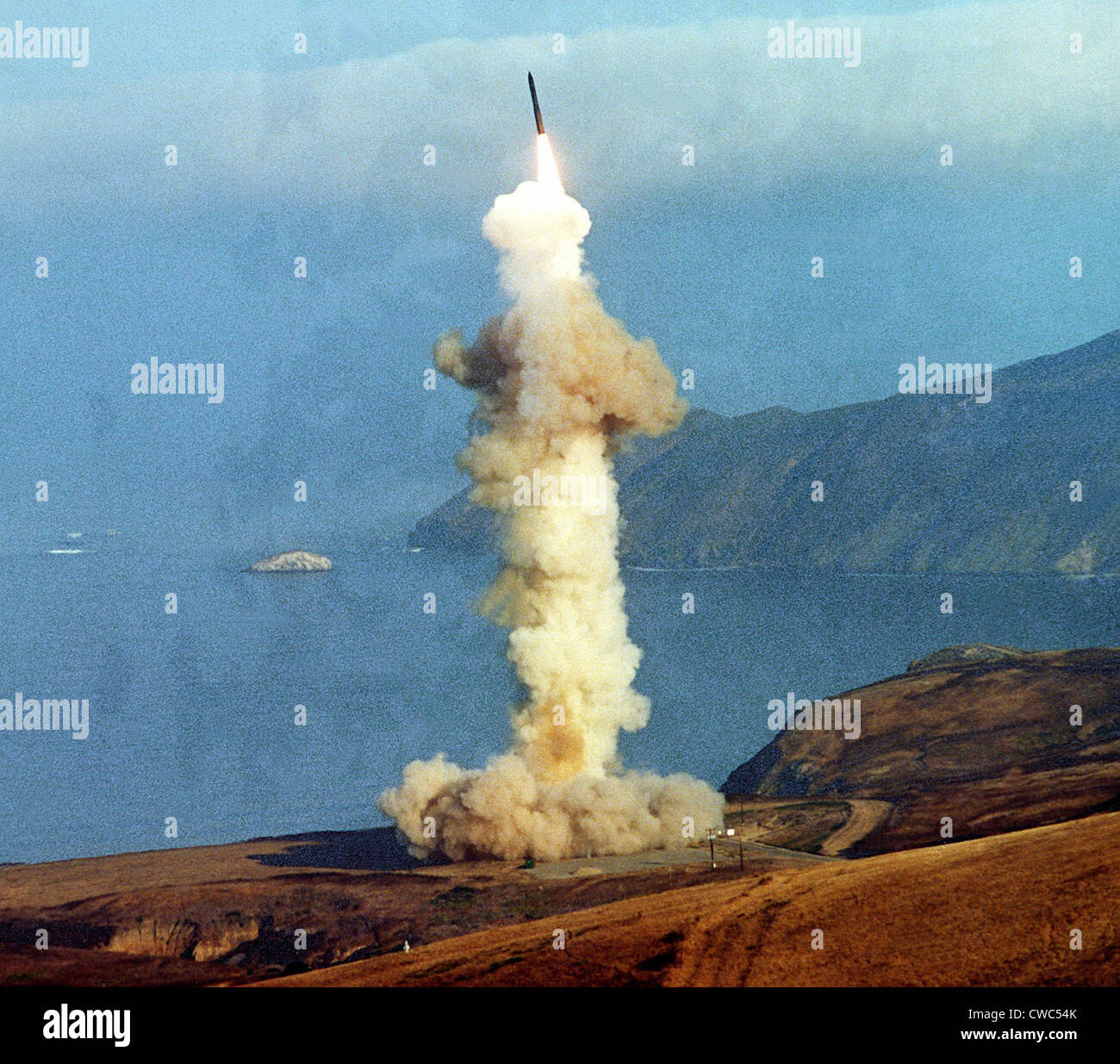 A Minuteman III intercontinental ballistic missile is launched from a pad on Vandenberg Air Force base. Aug. 20 1982. Stock Photo