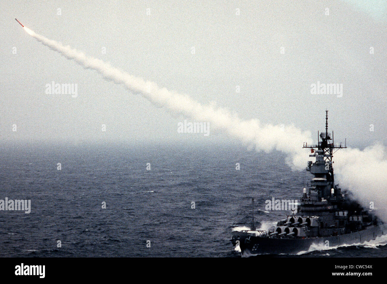 Tomahawk long-range cruise missile launches from the battleship USS MISSOURI during a weapons training exercise. June 1 1988. Stock Photo