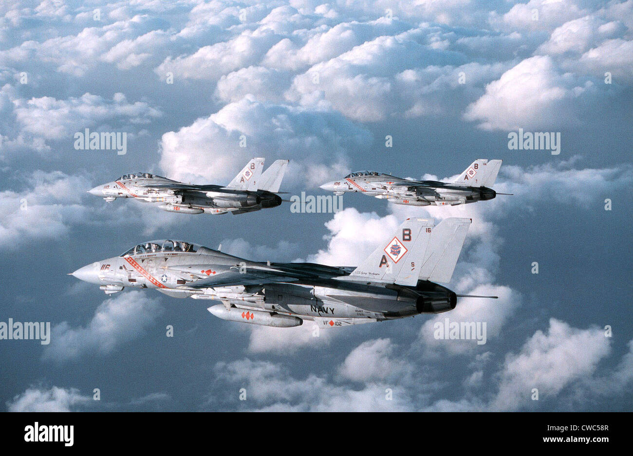 Three F-14 Tomcats Fighters patrol over the Persian Gulf . Based on the aircraft carrier USS GEORGE WASHINGTON they are Stock Photo